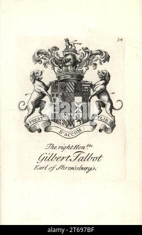 Armoiries et écusson du très honorable Gilbert Talbot, 13ème comte de Shrewsbury, 1673-1743. Gravure de Copperplate par Andrew Johnston après C. Gardiner de Notitia Anglicana, Shwing leurs réalisations de toute la Noblesse anglaise, Andrew Johnson, The Strand, Londres, 1724. Banque D'Images