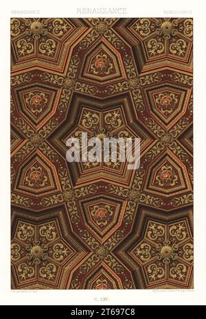 Art Renaissance : plafond avec compartiments dorés, 16e siècle. Plafond en chêne avec compartiments sculptés et dorés, grande salle du Parlement de Normandie, Palais de Justice, Rouen. Chromolithographie finie à la main par Dufour & Laval de Albert-Charles-Auguste ratinettes LOrnement Polychrome, (ornement polychromatique), Firmin-Didot, Paris, 1869-73. Banque D'Images