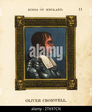 Portrait d'Oliver Cromwell, Lord Protector du Commonwealth d'Angleterre, d'Écosse et d'irlande, né en 1599, a commencé le règne 1653 et a décapité 1658. Col en dentelle, poitrine, dans un cadre orné. Gravure faite à la main par Cosmo Armstrong de Portraits et personnages des rois d'Angleterre, de William le Conquérant à George le troisième, John Harris, Londres, 1830. Banque D'Images