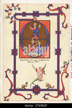 Initiale décorative représentant Jésus-Christ au-dessus d'une scène de couronnement, avec un ange jouant du violon et des monstres. Reproduction d'une page enluminée d'un psautier latin du 13e siècle, manuscrit 10435. Reproduction dune page dun Psautier Latin Bibl. NAT. 10455. Chromolithographie conçue et lithographiée par Ernst Guillot à partir de son Ornementation des manuscrits au Moyen-Age, Paris, 1897. Banque D'Images