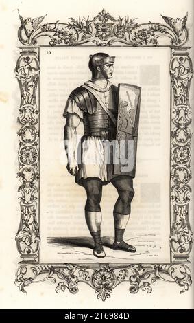 Costume d'un ancien centurion romain. En cuir casque, cuirasse, tunique, pantalon court ou sagulum gregale, cravate ou sudarium, armé d'un bouclier et d'une épée courte. Dans un cadre décoratif gravé par H. Catenacci et Fellmann. Gravure sur bois de Gerard Seguin et E.F. Huyot d'après une gravure sur bois de Christoph Krieger de Cesare Vecellios costumes anciens et modernes du 16e siècle, Habiti antichi et moderni di tutto il mondo, Firman Didot Ferris fils, Paris, 1859-1860. Banque D'Images