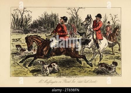 huntsman anglais traîné au milieu des chiens par son cheval fort, 19e siècle. Martin Muffington incapable de contrôler son cheval pendant une chasse au renard. M. Muffington sur Placid Joe (Late Pull Devil). Gravure sur acier colorée à la main d'après une illustration de John Leech de Robert Smith Surtees M. Facey Romfords Hounds, Bradbury, Evans and Co., Londres, 1865. Leech (1817-1864) était un caricaturiste et illustrateur anglais connu pour son travail pour le magazine Punch. Banque D'Images