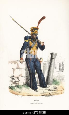 Uniforme des Marines de la Garde Impériale française. Uniforme hussard de shako à plumé, manteau avec froissage et épaulettes or aurore, pantalon avec passepoil, armé de sabre et de mousquet. Marins, Garde Imperiale. Gravure sur bois coloriée par Andrew Best Leloir d'après une illustration de Hippolyte Bellangé de P.M. Laurent de lArdeches Histoire de Napoleon, Paris, 1840. Banque D'Images