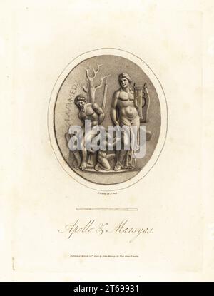 Apollon, dieu de la musique et de la danse, et le satyr Marsyas. Apollon se tient avec une lyre, tandis que Marsyas est lié à un arbre pour être mis en vie après leur concours. En rouge jasper dans le cabinet Farnese de Naples. Gravure en opperplate dessinée et gravée par Richard Dagley de Gems, sélectionnée de l'Antique, avec illustrations, John Murray, Londres, 1804. Banque D'Images