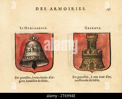 Armoiries imaginaires des septième et huitième chapitres du roi Arthurs Chevaliers de la Table ronde : l'Homme d'Irlande, avec cloche d'argent sur fond rouge, et Geffrey le Stout, avec tour d'or sur fond rouge. Chevaliers de la table ronde : le Hyrlandois, Gefroys. Gravure sur bois colorée à la main de Hierosme de Baras le Blason des Armoiries, chez Rolet Boutonne, Paris, 1628. Banque D'Images