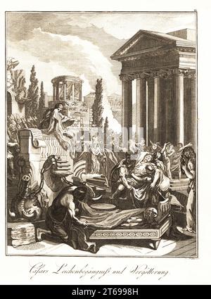 Rites funéraires et apothéose du général romain Gaius Jules César, 44 av. J.-C.. Le corps de César est soulevé sur un lit devant le temple de Concordia Sacra à Rome et un sanctuaire à Vénus. Pompe funebre et apothéose de Cesar. Gravure sur cuivre par Paul Joh. Weindl d'après un dessin de Gabriel de St. Aubin du Professeur Joseph Rudolf Zappes Gemalde aus der romischen Geschichte, Images d'Histoire romaine, Joseph Schalbacher, Vienne, 1800. Édition allemande de l'Abbé Claude Francois Xavier Millots Abrege de lHistoire Romaine. Banque D'Images