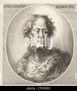 Polygnotus d'Athènes, peintre grec ancien de vase d'Athènes, actif 450-420 av. J.-C.. Polygnotus Athen. Pic. Gravure sur cuivre de Richard Collin d'après une illustration de Joachim von Sandrart tirée de sa LAcademia Todesca, della Architectura, Scultura & Pittura, oder Teutsche Academie, der Edlen Bau- Bild- und Mahlerey-Kunste, Académie allemande d'architecture, de sculpture et de peinture, Jacob von Sandrart, Nuremberg, 1675. Banque D'Images