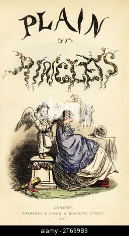 Page de titre avec titre calligraphique et vignette de coiffeur chérubin ailé brossant les cheveux des filles avec un peigne. Gravure sur acier colorée à la main d'après une illustration de John Leech de Robert Smith Surtees Plain or Ringlets?, Bradbury et Evans London, 1860. Leech (1817-1864) était un caricaturiste et illustrateur anglais connu pour son travail pour le magazine Punch. Banque D'Images