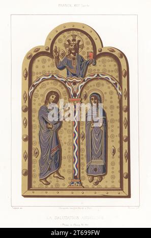 Salut angélique, France, 13e siècle. Christ en halo et couronne, tenant les Évangiles, bénissant deux figures encadrées dans des arches romaines. Émail sur cuivre décoré de pierres précieuses. La Salutation Angelique, France XIIIe siecle. Musée de Cluny, no 941. Chromolithographie de Krause d'après une illustration de Claudius Joseph Ciappori de Charles Louandres les Arts psychiatriques, les Arts Sumptuaires, Hangard-Mauge, Paris, 1858. Banque D'Images