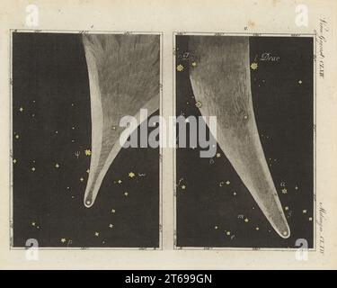 Vues de la Grande Comète de l'année 1811. C/1811 F1. Moment où il est entré dans l'atmosphère à son périhélie en Ursa Major le 10 septembre (1), et à son périgée au-dessus de la Corona Borealis le 15 octobre (2). Gravure sur cuivre colorée à la main de Carl Bertuch's Bilderbuch fur Kinder (Livre d'images pour enfants), Weimar, 1810. Une encyclopédie pour enfants en 12 volumes illustrée de près de 1 200 planches gravées sur l'histoire naturelle, la science, le costume, la mythologie, etc., publié de 1790 à 1830. Banque D'Images