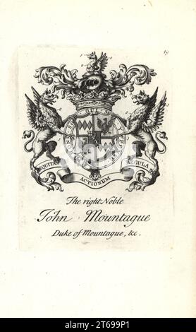 Armoiries et écusson du noble droit John Montagu, 2ème duc de Montagu 1690-1749. Gravure de Copperplate par Andrew Johnston après C. Gardiner de Notitia Anglicana, Shwing the Réalisations of all the English Noblesse, Andrew Johnson, The Strand, Londres, 1724. Banque D'Images
