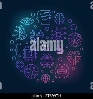 Ai illustration ronde colorée. Icônes de ligne vectorielle d'intelligence artificielle en forme de cercle sur fond sombre Illustration de Vecteur
