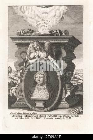 Anne Bill. mystic épouse de l'imprimeur John Bill, décédée en 1621. Buste voilé dans un cadre ovale tenu par un ange devant un autel avec des instruments de musique en flammes. Tiré du sermon funéraire de Martin Day Peplum Modestiae dans Monument de Mortalitie, 1621. AEterna Memor. Et calme an. Billae Uxori lectiss et dilectiss IO Bill. Gravure sur cuivre de Samuel Woodburns Gallery of rare Portraits consistant en plaques originales, George Jones, 102 St Martins Lane, Londres, 1816. Banque D'Images
