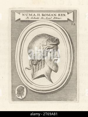 NUMA Pompilius, légendaire second roi de Rome, vers 753672 av. J.-C. Homme barbu en daidem. D'une gemme d'agate gravée. NUMA II Roman Rex dans Achate dans ACAD. Etrus. Gravure sur cuivre de Francesco Valesio, Antonio Gori et Ridolfino Venutis Academia Etrusca, Musée Cortonense in quo Vetera Monumenta, (Académie étrusque ou Musée de Cortona), Faustus Amideus, Rome, 1750. Banque D'Images