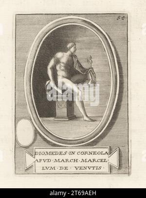 Héros grec Diomède avec la statue de Palladium d'Athéna volée à Troie. D'un bijou cornélien gravé dans la collection de Marcello Venuti. Diomède in Corneola apud Marcellum de Venutis. Gravure sur cuivre de Francesco Valesio, Antonio Gori et Ridolfino Venutis Academia Etrusca, Musée Cortonense in quo Vetera Monumenta, (Académie étrusque ou Musée de Cortona), Faustus Amideus, Rome, 1750. Banque D'Images