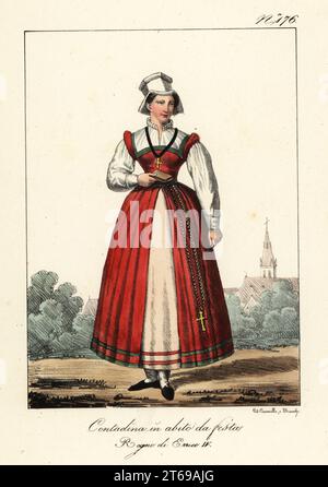 Paysanne française en costume de fête, règne du roi Henri IV En chapeau pentagonal, chemisier, robe avec corsage serré et jupes complètes, croix suspendue à la ceinture. Paysanne en habit de Fete. Régne de Henry IV Lithographie coloriée à la main de Lorenzo Bianchi et Domenico Cuciniello d'après Hippolyte Lecomte de Costumi civili e militari della monarchia francese dal 1200 al 1820, Naples, 1825. Édition italienne des costumes civils et militaires Lecomtes de la monarchie française de 1200 à 1820. Banque D'Images