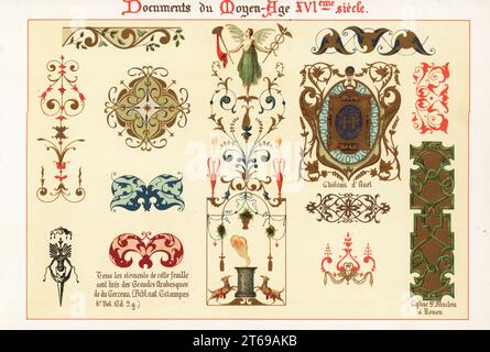 Éléments de conception à partir de manuscrits du 16e siècle. Prise de grandes arabesques du cerceau par Jacques Androuet, et bouclier armorial du Château Danet. Chromolithographie conçue et lithographiée par Ernst Guillot dans Elements d'Ornementation du XVIe siècle, Eléments d'ornement du 16e siècle, Renouard, Paris, 1890. Banque D'Images