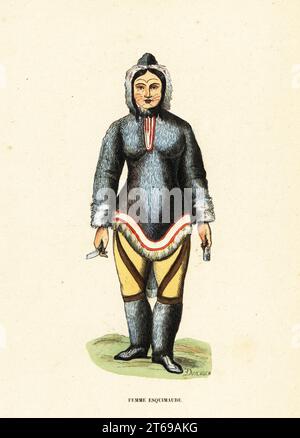 Femme inuite avec tatouages faciaux, fleuve Mackenzie, Yukon, Canada. Elle porte une parka ou un anorak fait de peau de phoque, de pantalon et de bottes de peau d'animal. Femme Esquimaux. Boiseries de Duverger d'Auguste Wahlen's Moeurs, Usages et costumes de tous les Peuples du monde, (manières, coutumes et costumes de tous les peuples du monde) Librairie Historique-Artistique, Bruxelles, 1845. Wahlen était le pseudonyme de Jean-François-Nicolas Loumyer (1801-1875), écrivain et archiviste du département héraldique de Belgique. Banque D'Images