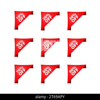 Ensemble d'étiquettes de réduction rouges avec différents pourcentages de vente pour la promotion au détail. Illustration vectorielle Illustration de Vecteur