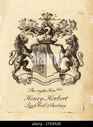 Armoiries du très honorable Henry Herbert, Lord Herbert de Cherbury, Baron Herbert de Cherbury (ou Chirbury). Gravure sur cuivre d'Andrew Johnston d'après C. Gardiner de Notitia Anglicana, Shewing the Achievements of All the English Nobility, Andrew Johnson, The Strand, Londres, 1724. Banque D'Images