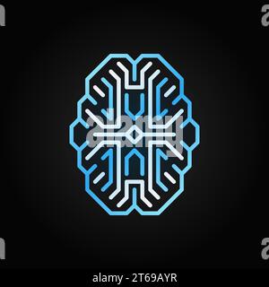 Icône de contour bleu du vecteur cerveau numérique. Cyberbrain concept signe dans le style de ligne mince sur fond sombre Illustration de Vecteur