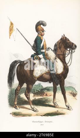 2e régiment de cavalerie légère (français), 1811-1815. En laiton casque avec écusson, uniforme vert avec garniture buff, armé de lance et sabre. Chevau-légers (Francais), 1812. Gravure sur bois colorée à la main par Brugnot d'après une illustration d'Hippolyte Bellangé de P.M. Laurent de lArdeches Histoire de Napoleon, Paris, 1840. Banque D'Images