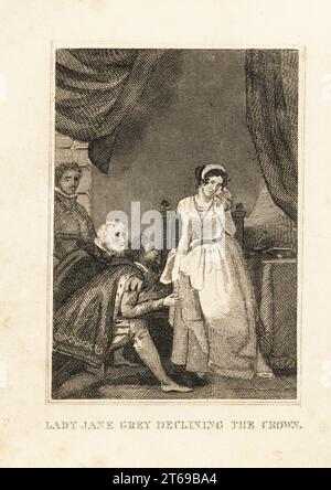 Lady Jane Grey, la reine des neuf jours d'Angleterre, 1553. Les courtisans montrent la déclaration du roi Édouard VI. Lady Jane Grey déclinant la couronne. Gravure sur cuivre de M. A. Jones Histoire de l'Angleterre de Jules César à George IV, G. Virtue, 26 Ivy Lane, Londres, 1836. Banque D'Images