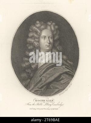 Roger Gale, antiquaire et historien anglais, 1672-1744. Formé au Trinity College de Cambridge, vice-président de la Society of Antiquaries, trésorier de la Royal Society. En perruque en poudre, cape et chemise en lin. Gravure sur cuivre par Ignatius Joseph van den Berghe de John Adolphus The British Cabinet, contenant des Portraits de personnages illustres, imprimée par T. Bensley pour E. Harding, 98 Pall Mall, Londres, 1800. Banque D'Images