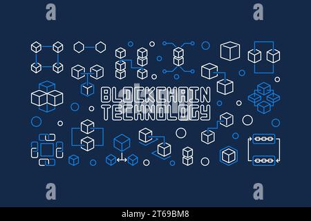 Technologie blockchain vecteur concept bannière horizontale ou illustration dans le style de contour sur fond bleu foncé Illustration de Vecteur