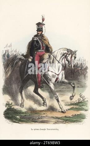 Prince Józef Poniatowski, général polonais, 1763-1813. Maréchal de l'Empire français pendant les guerres napoléoniennes. À cheval en schako et uniforme d'officier devant les lanciers polonais. Le prince Joseph Poniatowsky. Gravure sur bois colorée à la main par François Rouget d'après une illustration d'Hippolyte Bellangé de P.M. Laurent de lArdeches Histoire de Napoleon, Paris, 1840. Banque D'Images