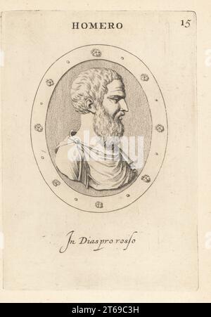 Buste du poète grec Homer, auteur de l'Odyssée et de l'Iliad. En rouge jasper. Homero. Dans le rosso diaspro. Gravure de coperplate par Giovanni Battista Galestuzzi d'après Leonardo Agostini de gemmae et Sculpturae Antiquae Depitti ab Leonardo Augustino Senesi, Abraham Blooteling, Amsterdam, 1685. Banque D'Images