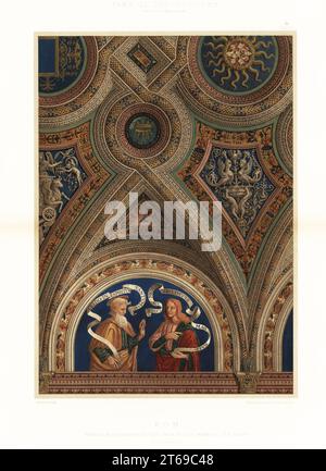 Plafond dans la salle des livres allemands, Bibliothèque du Vatican, Rome, 15e siècle. Fresques de Pinturicchio ou Bernardino di Betto dans les appartements Borgia, une suite de chambres du Palais apostolique. Sala di libri tedeschi, Vatican Appartamento Borgia, ROM, XV Jahrh.. Chromolithographie par A. Grimmer After de Ernst Ewalds Farbige decorationen, Alter und Never Zeit (décoration couleur, époques anciennes et nouvelles), Ernst Wasmuth, Berlin, 1896. Banque D'Images