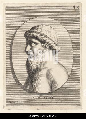 Platon, philosophe grec ancien né à Athènes pendant la période classique, vers 428 - 348 av. J.-C.. D'un bijou présenté au noble Ippolito Vitelleschi par le marquis Tassi. Platone. Gravure sur cuivre de Guillaume Vallet d'après Giovanni Angelo Canini de Iconografia, cioe disegni d'imagini de famosissimi monarchi, regi, filososi, poeti ed oratori dell' Antichita, dessins d'images de monarques célèbres, rois, philosophes, poètes et orateurs de l'Antiquité, Ignatio deLazari, Rome, 1699. Banque D'Images