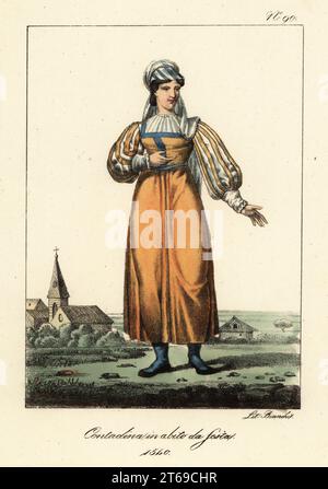 Paysanne française en costume de festival, 1540. En bonnet, voile, robe avec corsage, manches taillées. Paysanne en habit de FETE. Lithographie coloriée à la main de Lorenzo Bianchi d'après Hippolyte Lecomte de Costumi civili e militari della monarchia francese dal 1200 al 1820, Naples, 1825. Édition italienne des costumes civils et militaires Lecomtes de la monarchie française de 1200 à 1820. Banque D'Images