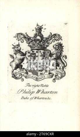 Armoiries et écusson du noble droit Philip Wharton, premier duc de Wharton, 1698-1731.. Gravure de Copperplate par Andrew Johnston après C. Gardiner de Notitia Anglicana, Shwing the Réalisations of all the English Noblesse, Andrew Johnson, The Strand, Londres, 1724. Banque D'Images