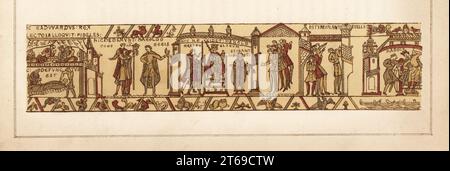 Le lit de mort du roi Édouard le confesseur, et la transmission de la couronne à Harold Godwinson, et son couronnement sur un trône avec l'archevêque Stigand. A droite, la comète de Pâques 1066 surprend et choque une foule. Chromolithographie de William Mossman d'après une illustration de Charles Stothard faite pour la Société des antiquaires dans le révérend John Collingwood Bruces The Bayeux Tapestry Elucidated, John Russell Smith, Londres, 1856. Banque D'Images