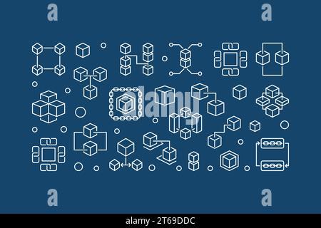 Bannière horizontale de vecteur de technologie blockchain ou illustration dans le style de ligne mince sur fond sombre Illustration de Vecteur