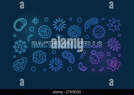 Bannière horizontale bleue pour les cellules bactériennes. Illustration de contour de concept de vecteur faite avec des icônes de microbes et de virus sur fond sombre Illustration de Vecteur