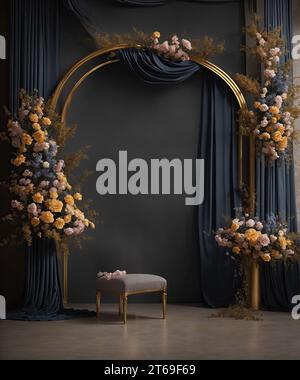 Gros plan d'une variété de fleurs multicolores disposées sur un banc en bois éclairé par une arche dorée devant une fenêtre couverte de rideaux blancs Banque D'Images