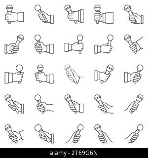 Icônes de contour de microphone dans la main définies. Collection de signes vectoriels de nouvelles ou d'entrevues ou d'éléments de conception dans le style de ligne mince Illustration de Vecteur