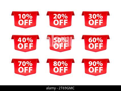 Ensemble d'étiquettes de réduction rouges avec différents pourcentages de vente pour la promotion au détail. Illustration vectorielle Illustration de Vecteur