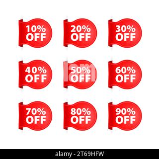 Ensemble d'étiquettes de réduction rouges avec différents pourcentages de vente pour la promotion au détail. Illustration vectorielle Illustration de Vecteur