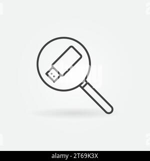 Loupe avec icône de concept de vecteur de clé USB ou symbole dans le style de contour Illustration de Vecteur