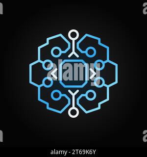 Cerveau intelligent géométrique avec icône de concept bleu de vecteur de puce ou élément de logo dans le style de ligne mince sur fond sombre Illustration de Vecteur