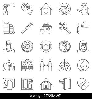 Ensemble d'icônes de contour de prévention des virus - vecteur concept de mesures de protection symboles linéaires. Se laver les mains, porter un masque facial, des signes de désinfection Illustration de Vecteur