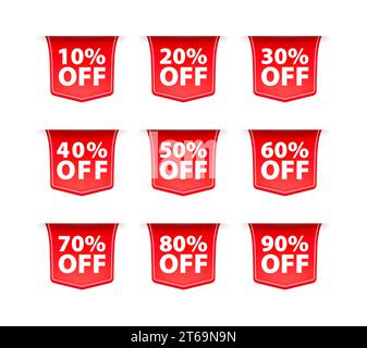 Ensemble d'étiquettes de réduction rouges avec différents pourcentages de vente pour la promotion au détail. Illustration vectorielle Illustration de Vecteur