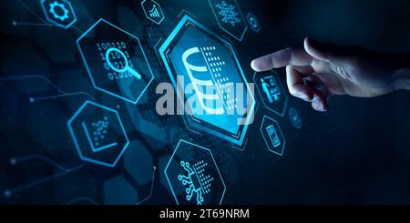 Big Data, analyse de données et technologie IA. Personne touchant des icônes sur la base de données, l'ingénierie des données, l'informatique, l'analyse, l'apprentissage automatique, réseau neuronal Banque D'Images