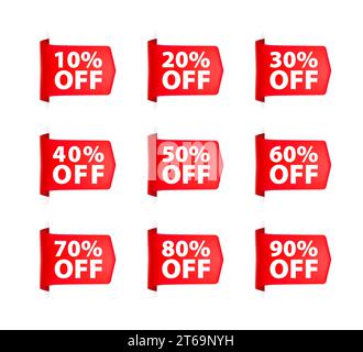 Ensemble d'étiquettes de réduction rouges avec différents pourcentages de vente pour la promotion au détail. Illustration vectorielle Illustration de Vecteur