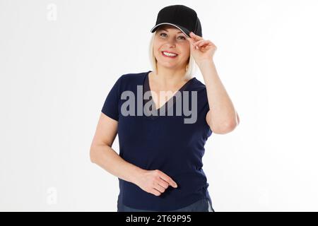 Femme heureuse, femme heureuse d'âge moyen de voyage avec blazer isolé sur blanc Banque D'Images