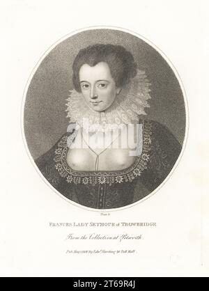 Frances, Lady Seymour de Throwbridge, décédée en 1626. Épouse de Francis Seymour, 1e baron Seymour de Trowbridge. En large col en dentelle, corsage coupe basse, robe brodée. D'après un tableau de William Larkin dans la galerie nord de Petworth House. Aussi identifiée comme Lady Anne Sackville, Lady Beauchamp (15861664). Gravure sur cuivre de Platt de John Adolphus The British Cabinet, contenant des Portraits de personnages illustres, imprimée par T. Bensley pour E. Harding, 98 Pall Mall, Londres, 1799. Banque D'Images
